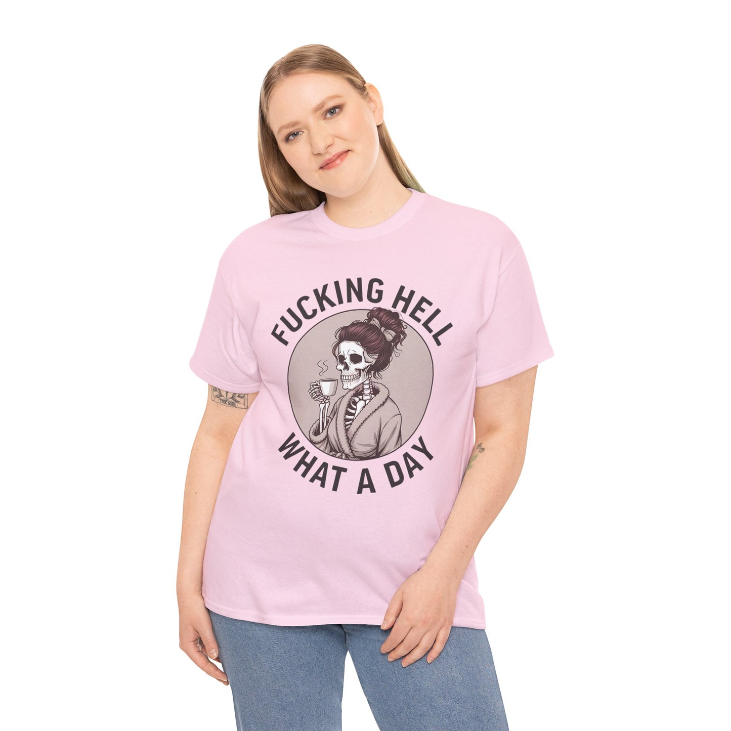 Funny Skull Graphic Unisex Heavy Cotton Tee - 'Fucking Hell What A Day'