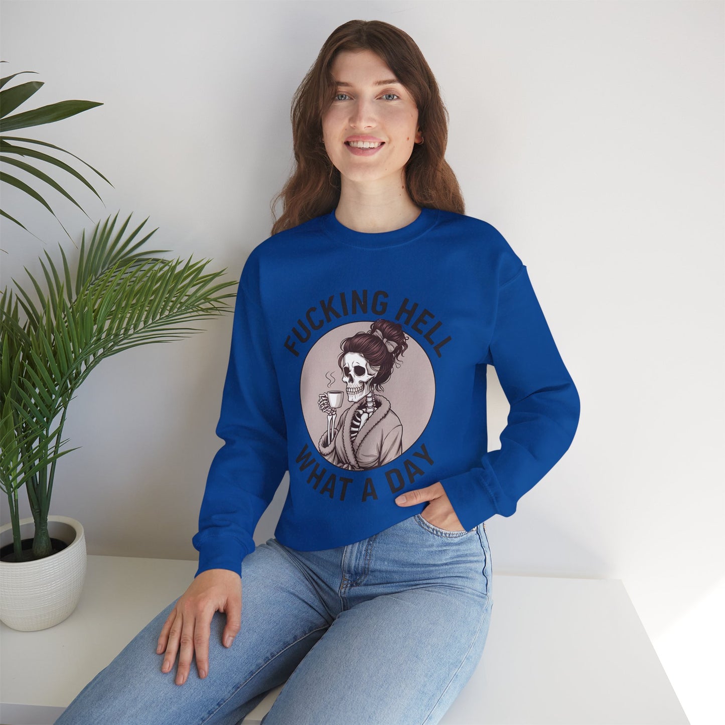 Funny Coffee Skeleton Crewneck Sweatshirt - "Fucking Hell, What A Day"