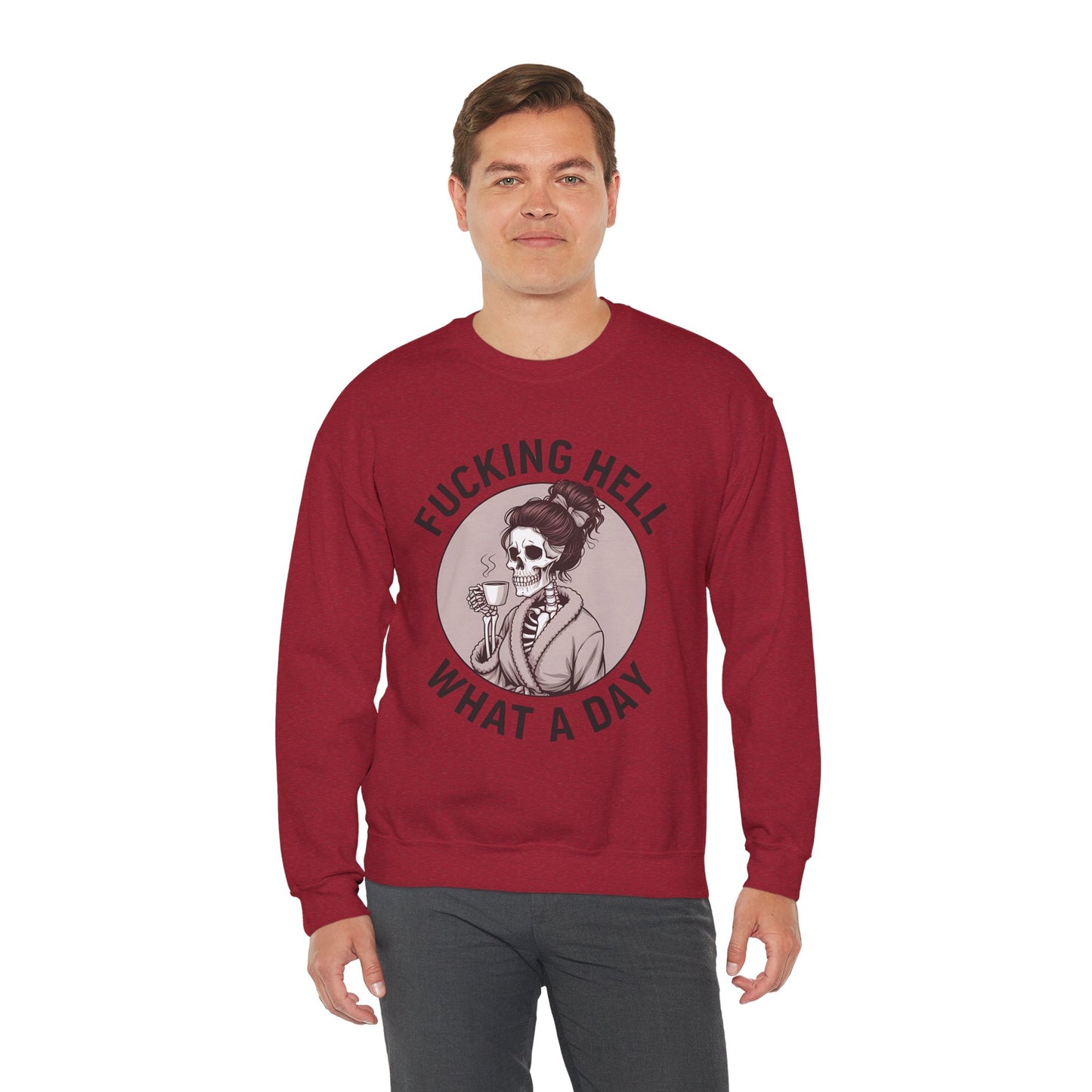 Funny Coffee Skeleton Crewneck Sweatshirt - "Fucking Hell, What A Day"