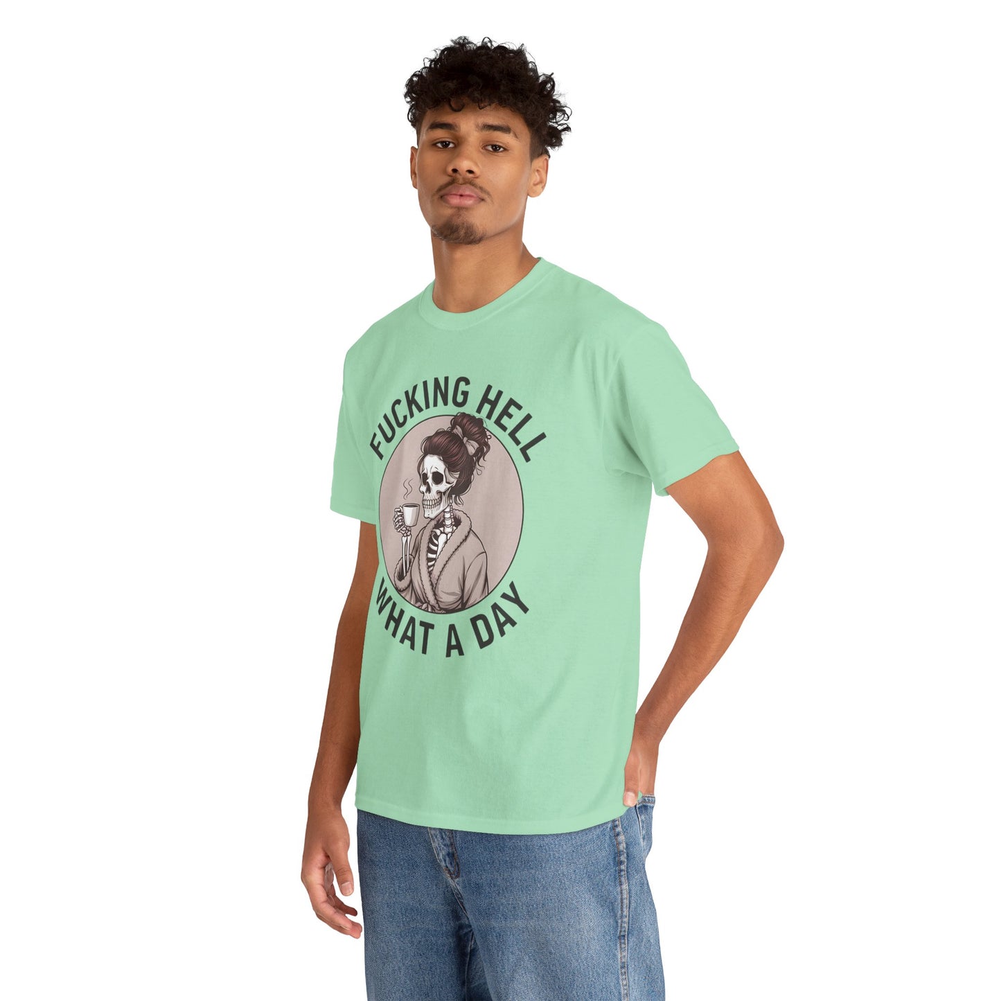 Funny Skull Graphic Unisex Heavy Cotton Tee - 'Fucking Hell What A Day'