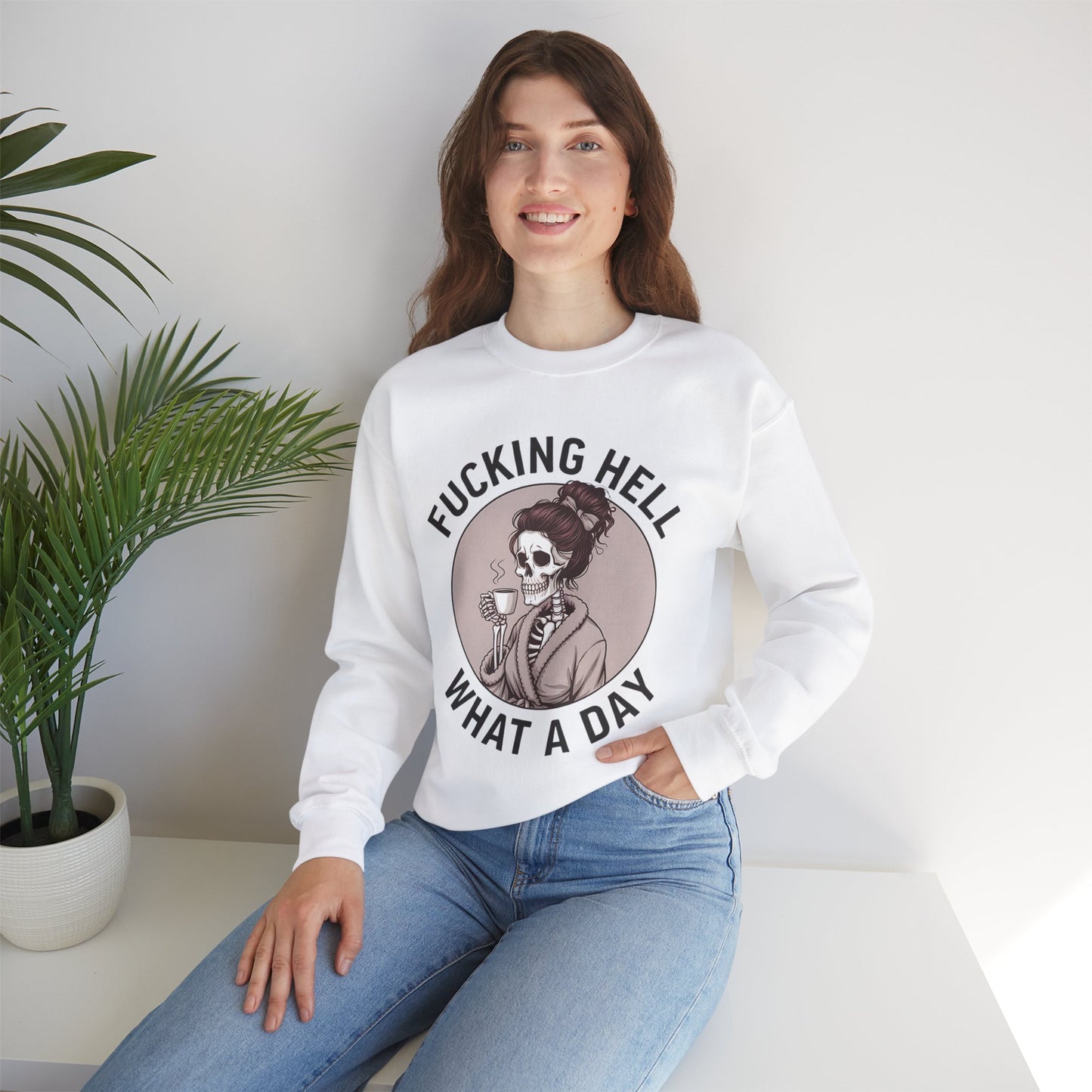 Funny Coffee Skeleton Crewneck Sweatshirt - "Fucking Hell, What A Day"