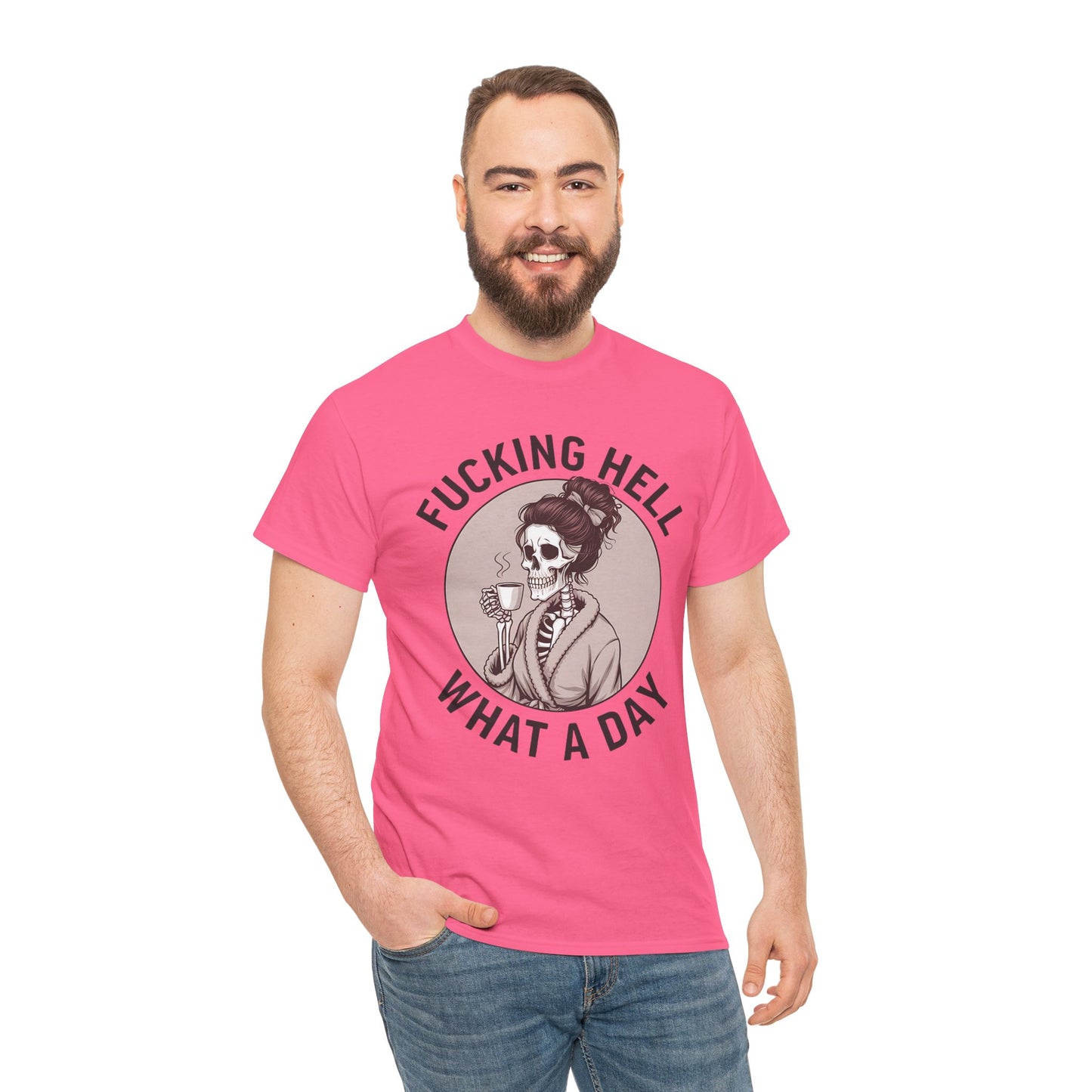 Funny Skull Graphic Unisex Heavy Cotton Tee - 'Fucking Hell What A Day'