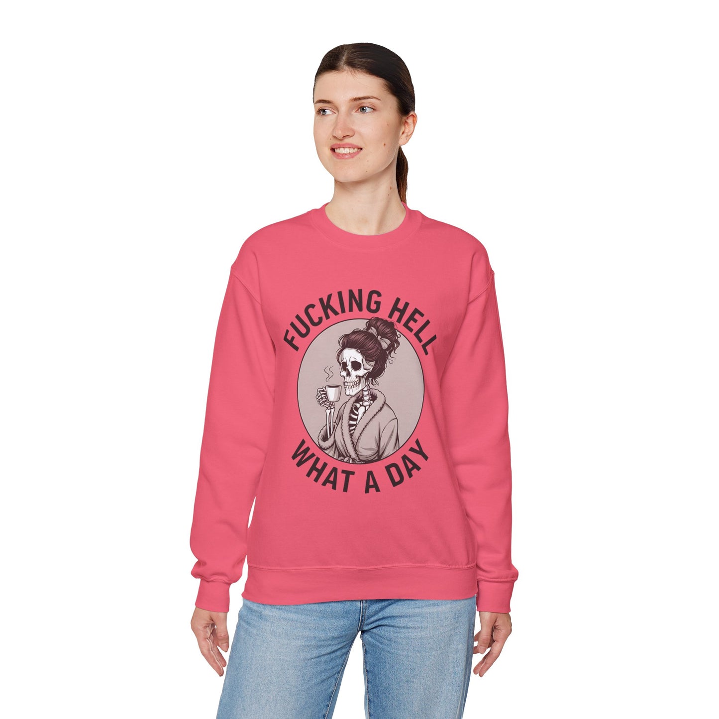 Funny Coffee Skeleton Crewneck Sweatshirt - "Fucking Hell, What A Day"