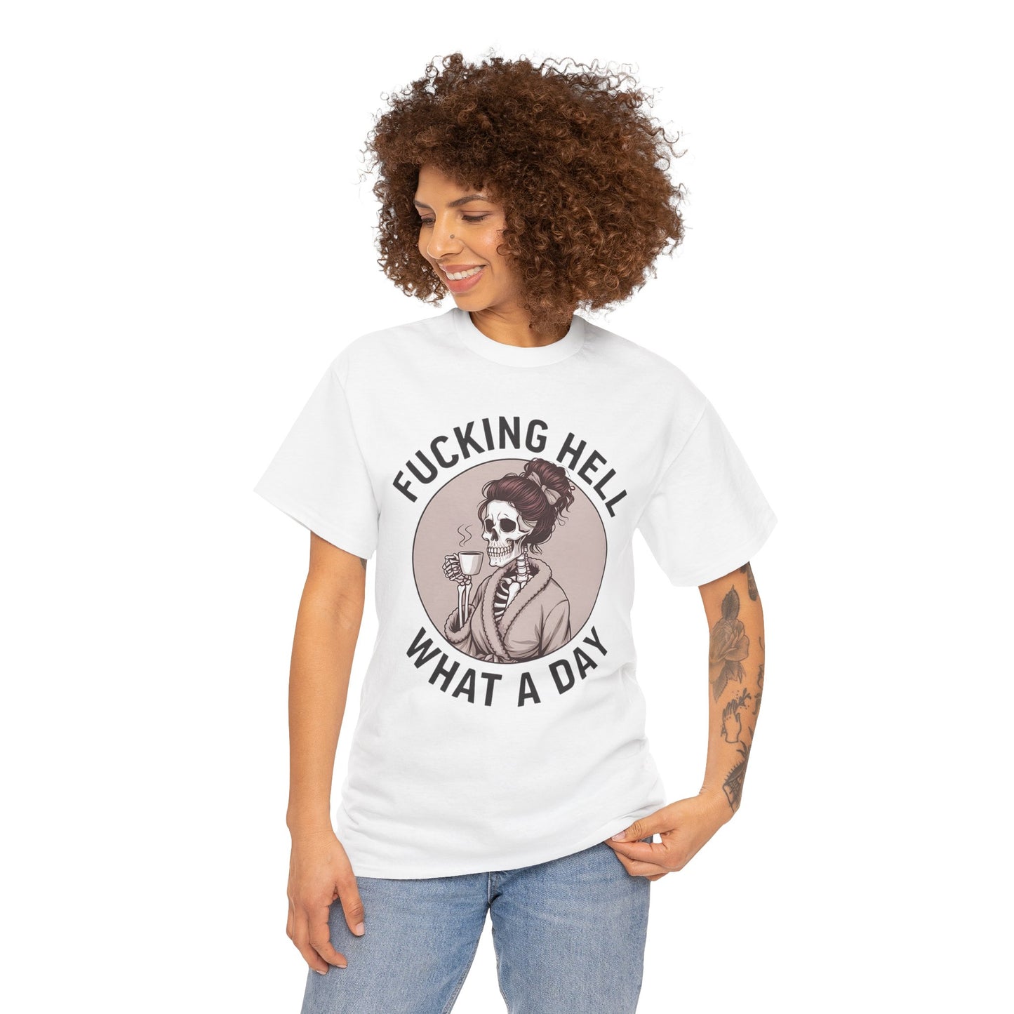 Funny Skull Graphic Unisex Heavy Cotton Tee - 'Fucking Hell What A Day'