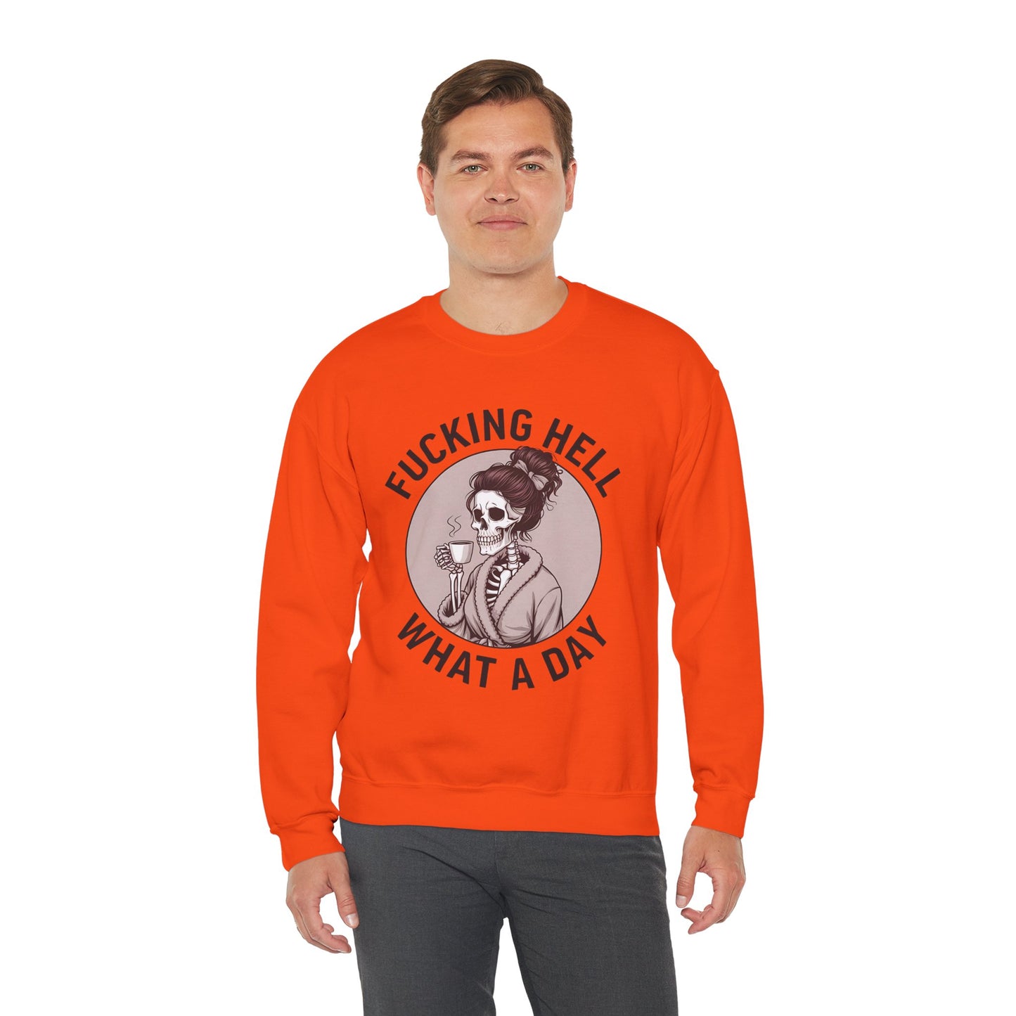 Funny Coffee Skeleton Crewneck Sweatshirt - "Fucking Hell, What A Day"