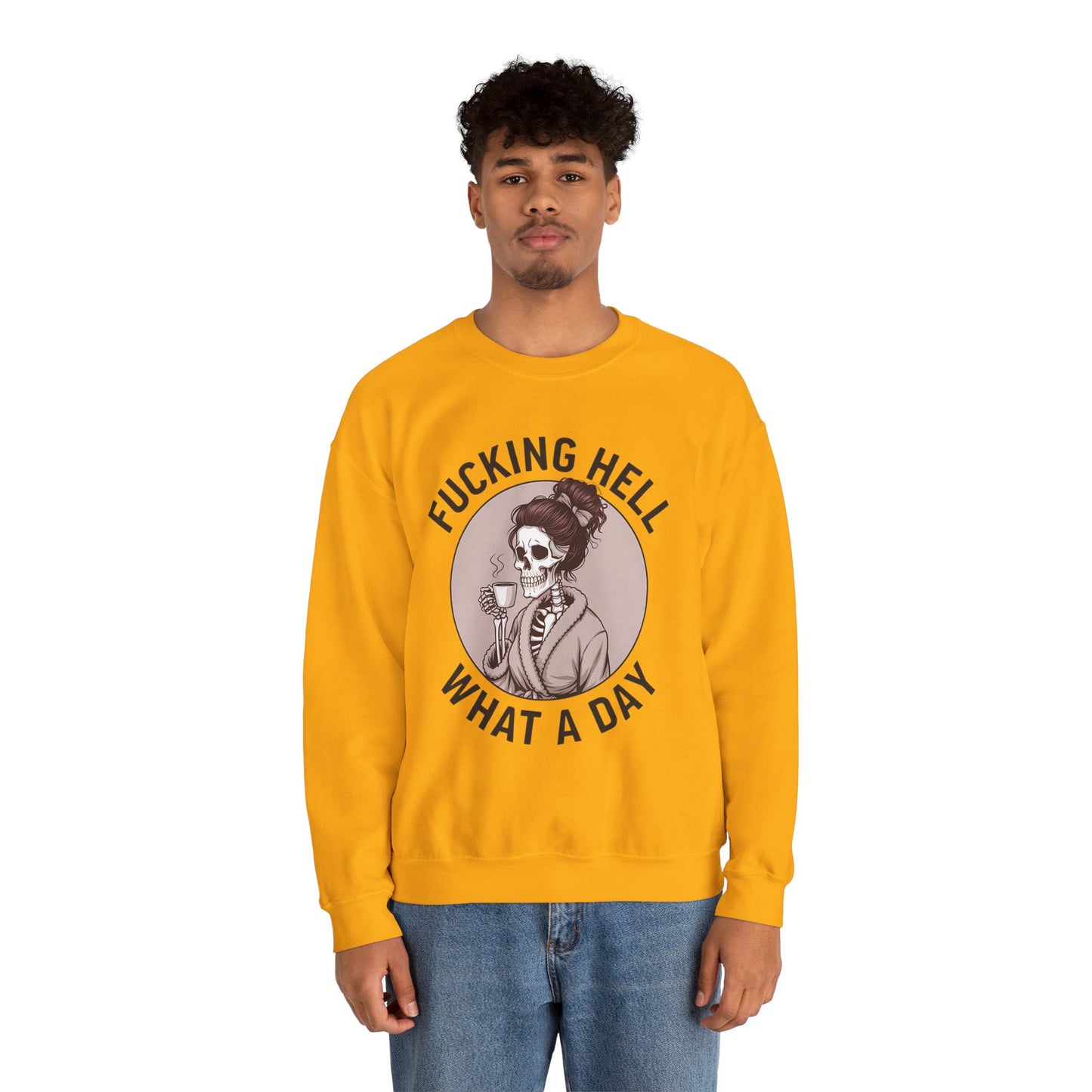 Funny Coffee Skeleton Crewneck Sweatshirt - "Fucking Hell, What A Day"