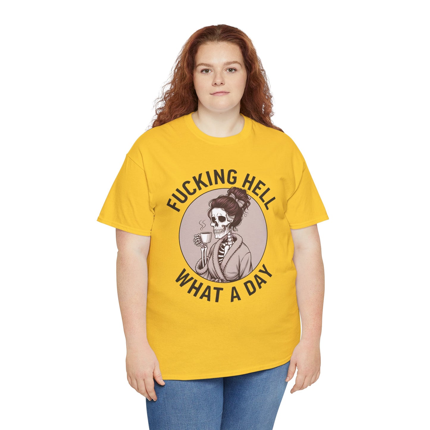 Funny Skull Graphic Unisex Heavy Cotton Tee - 'Fucking Hell What A Day'