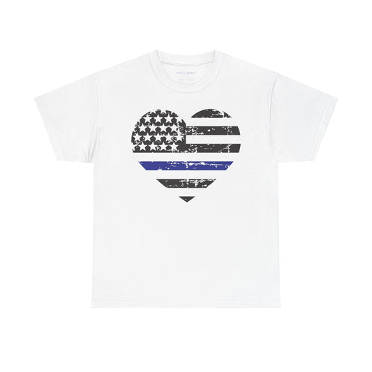 Thin Blue Line Heart T-Shirt — Police Support Distressed Flag Tee