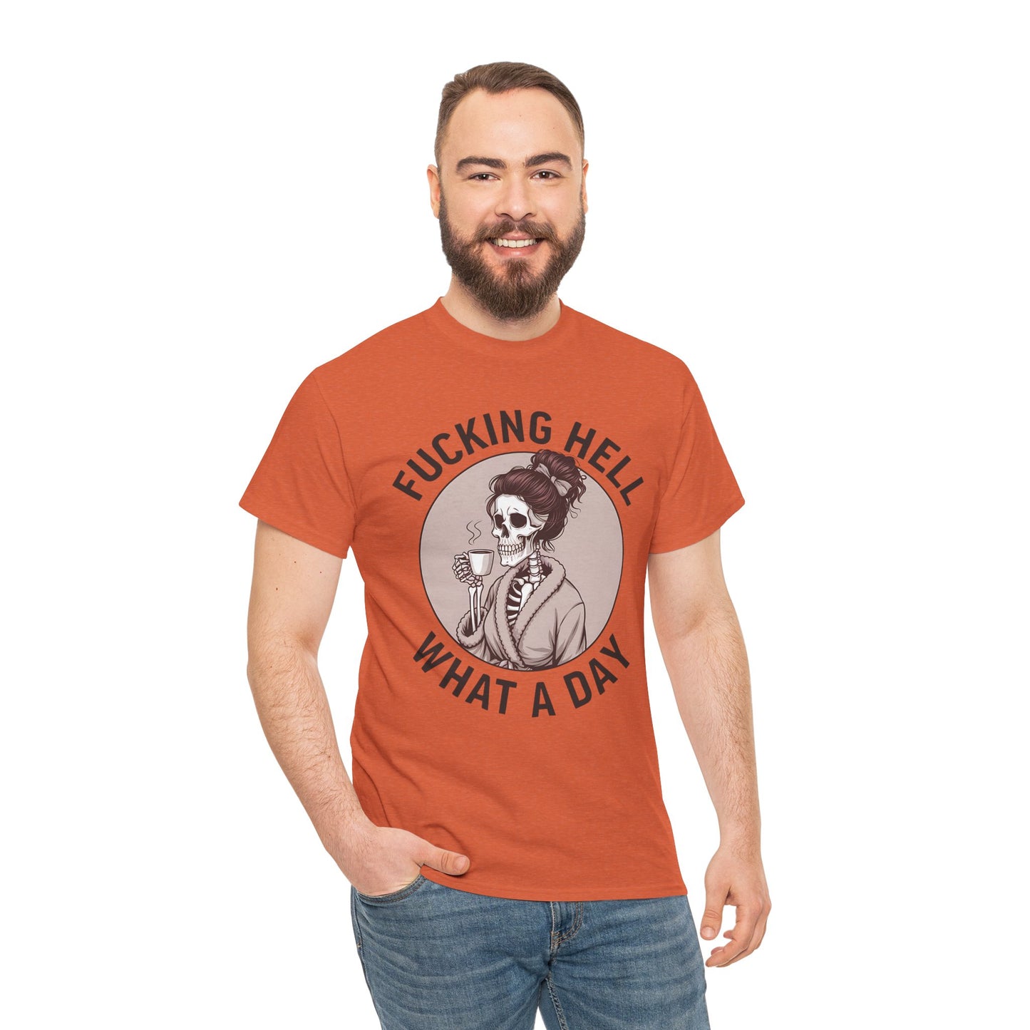 Funny Skull Graphic Unisex Heavy Cotton Tee - 'Fucking Hell What A Day'