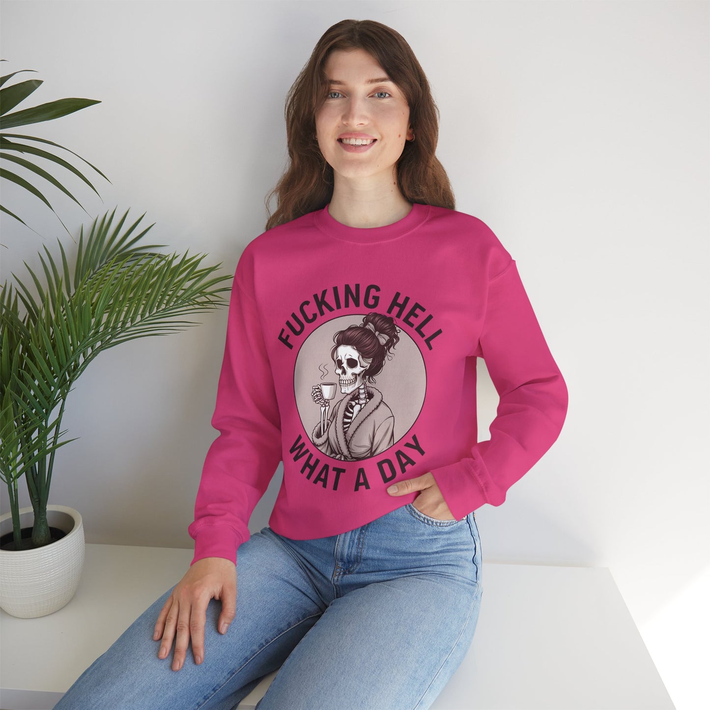 Funny Coffee Skeleton Crewneck Sweatshirt - "Fucking Hell, What A Day"