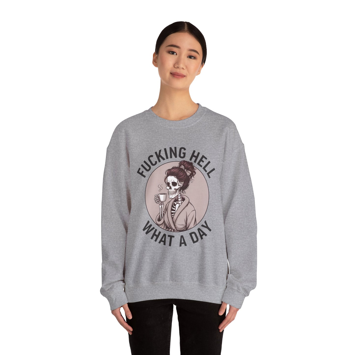 Funny Coffee Skeleton Crewneck Sweatshirt - "Fucking Hell, What A Day"