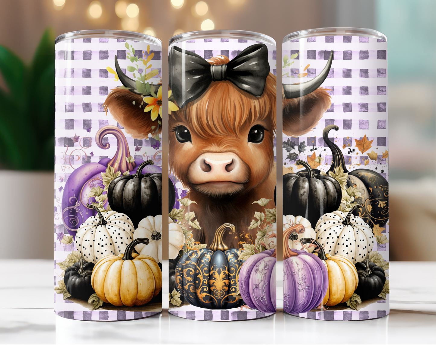 Highland Cow with Purple Pumpkins