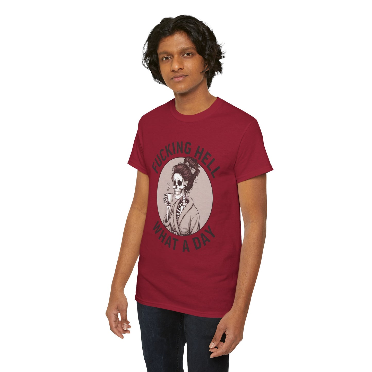 Funny Skull Graphic Unisex Heavy Cotton Tee - 'Fucking Hell What A Day'