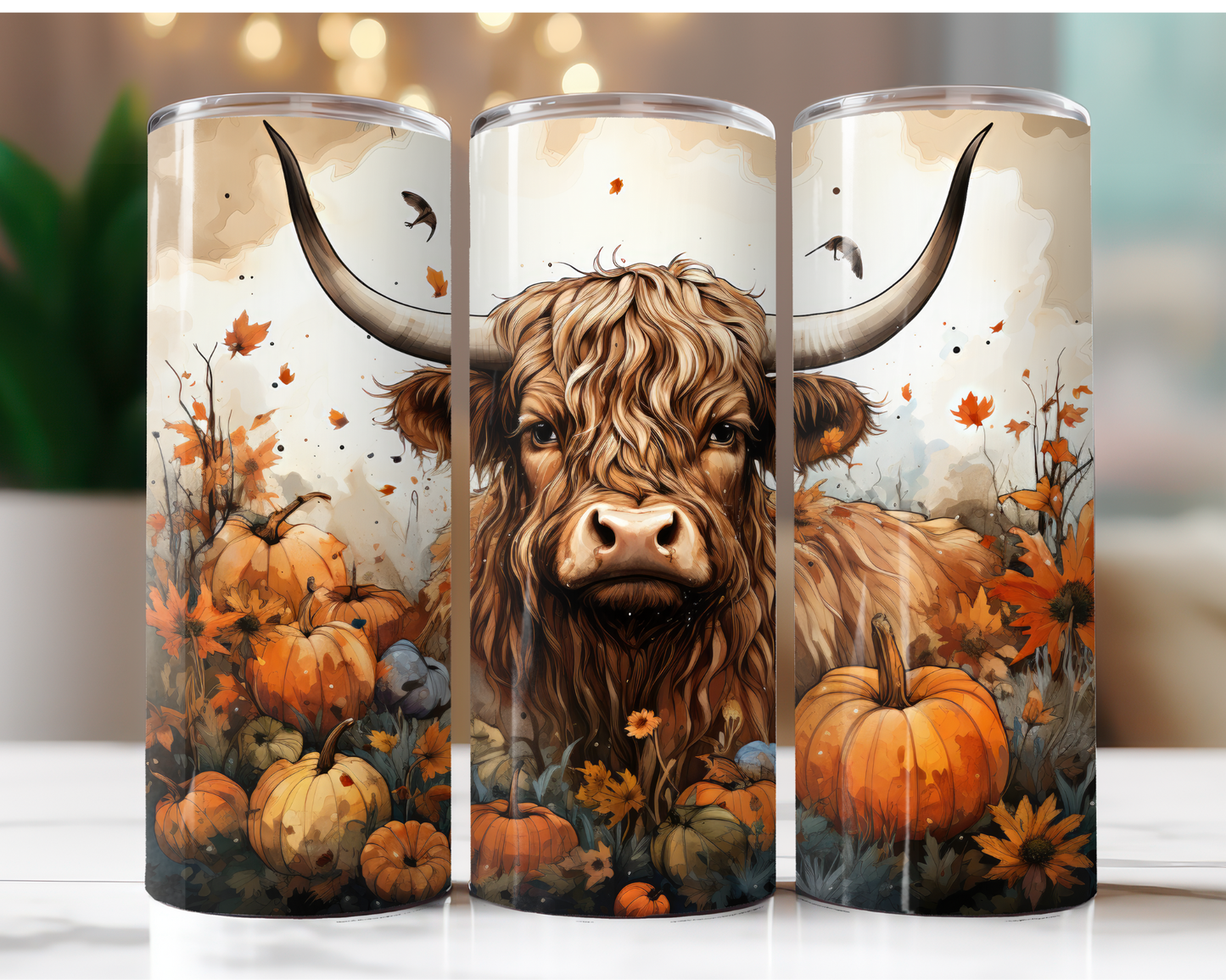 Highland Cow with Pumpkins