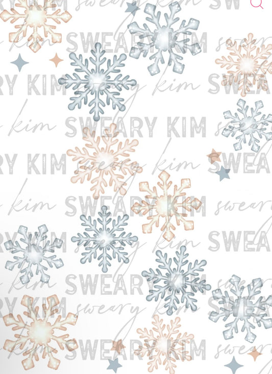 Cream, Blue and White Snowflakes