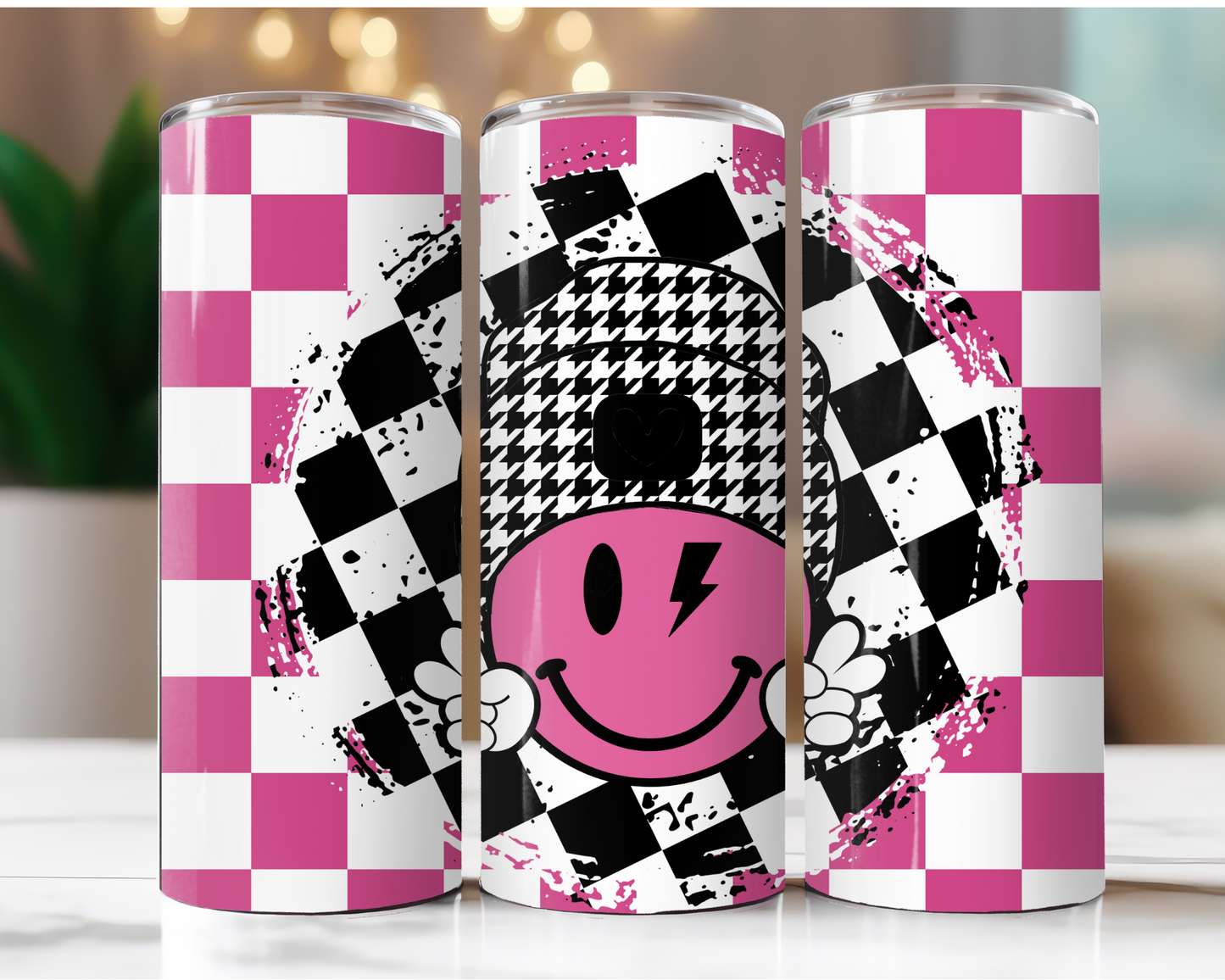 Pink and Black Checkered Smiley With Beanie