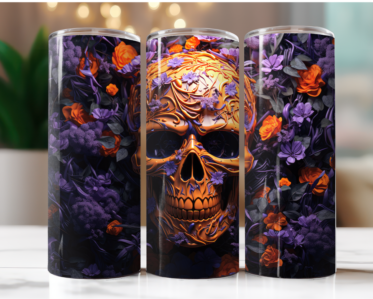 Purple and Orange Flowers with Skull