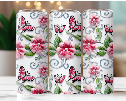 Pink Flowers and Butterflies