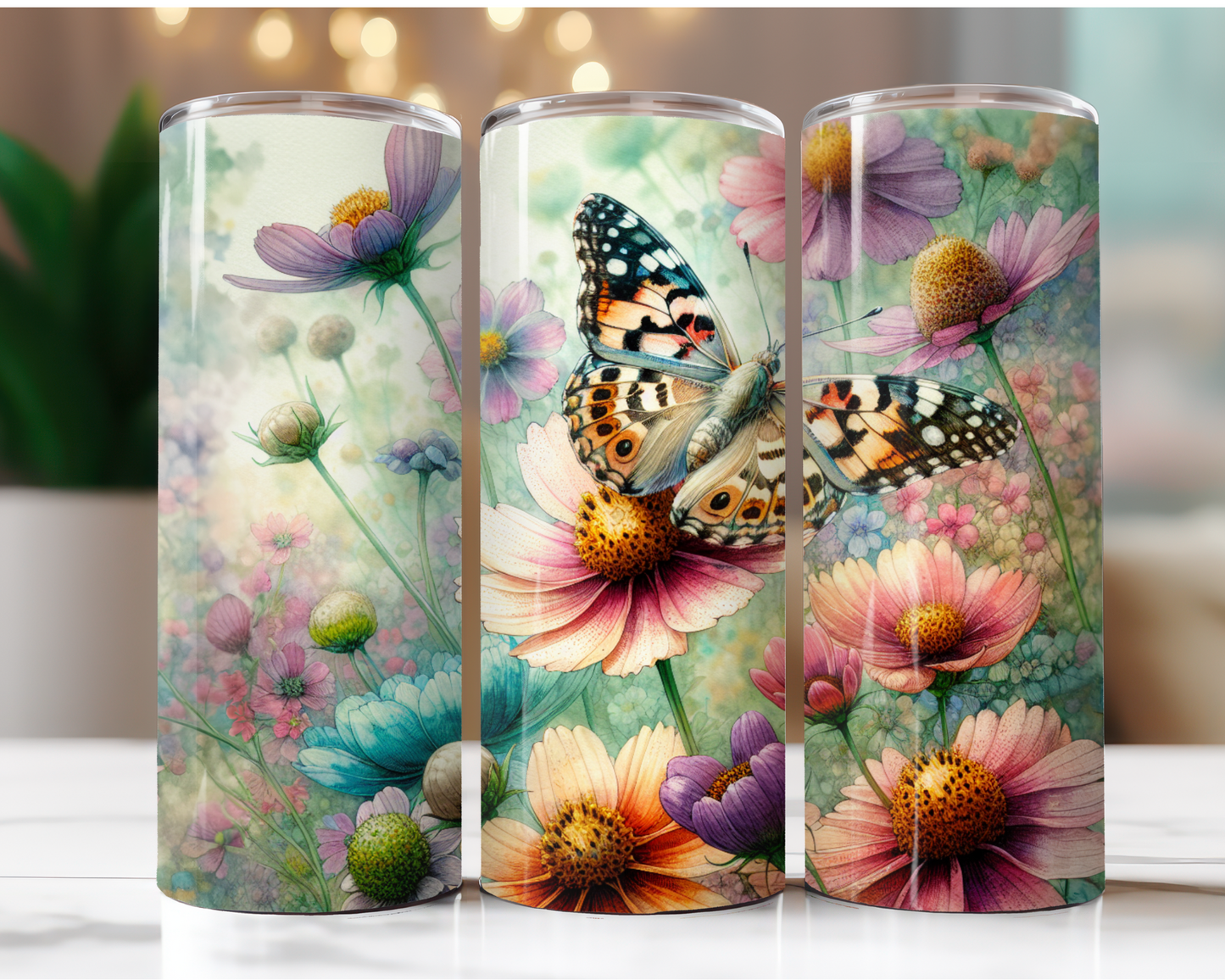 Pastel Butterfly and Flowers