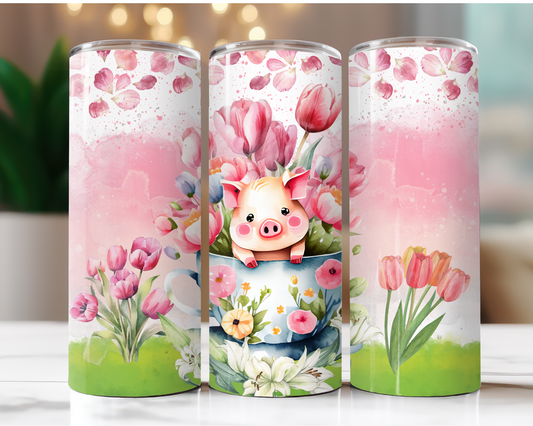 Baby Pig and Pink Tulips