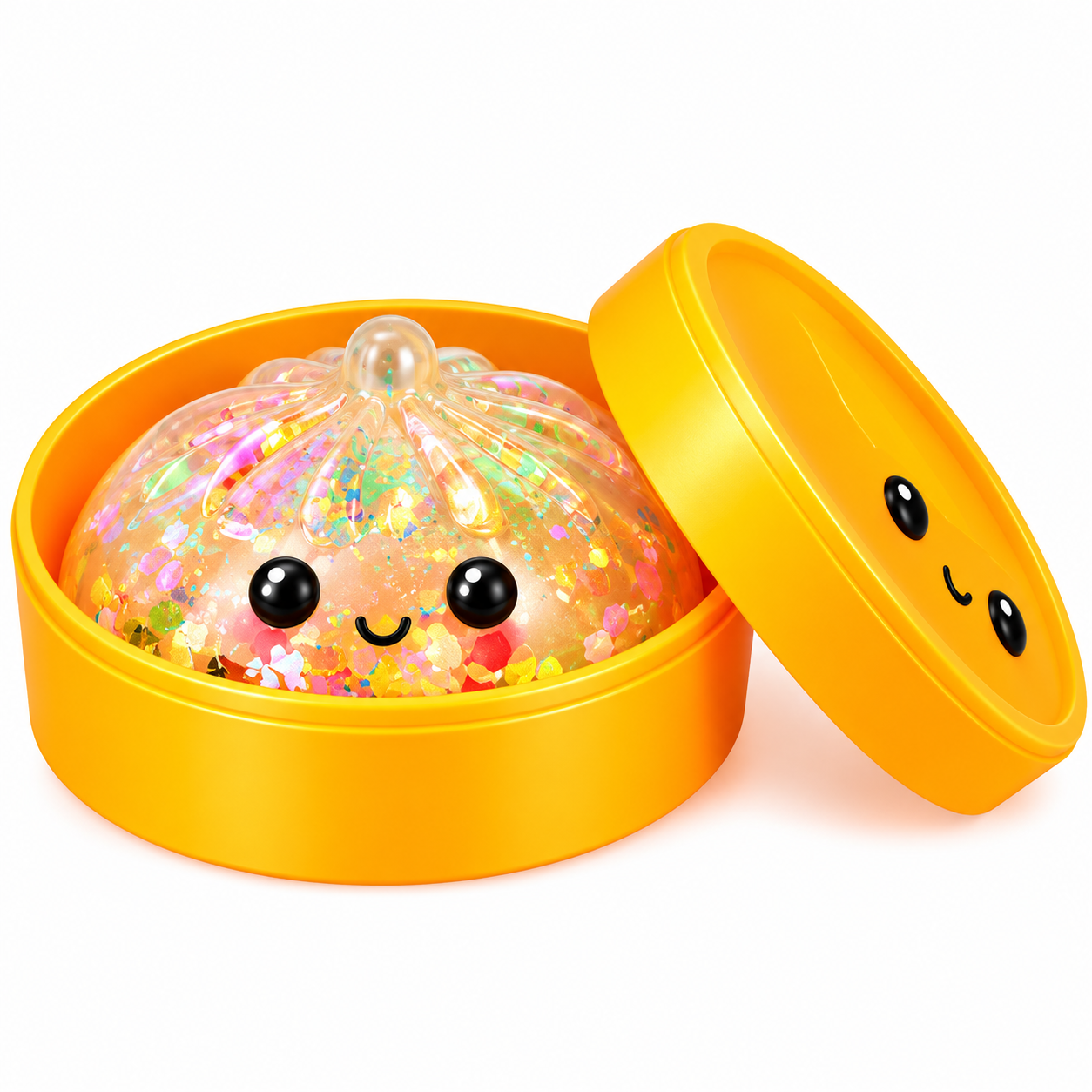 Glitter-filled mystery dumpling squishy in orange smiling case