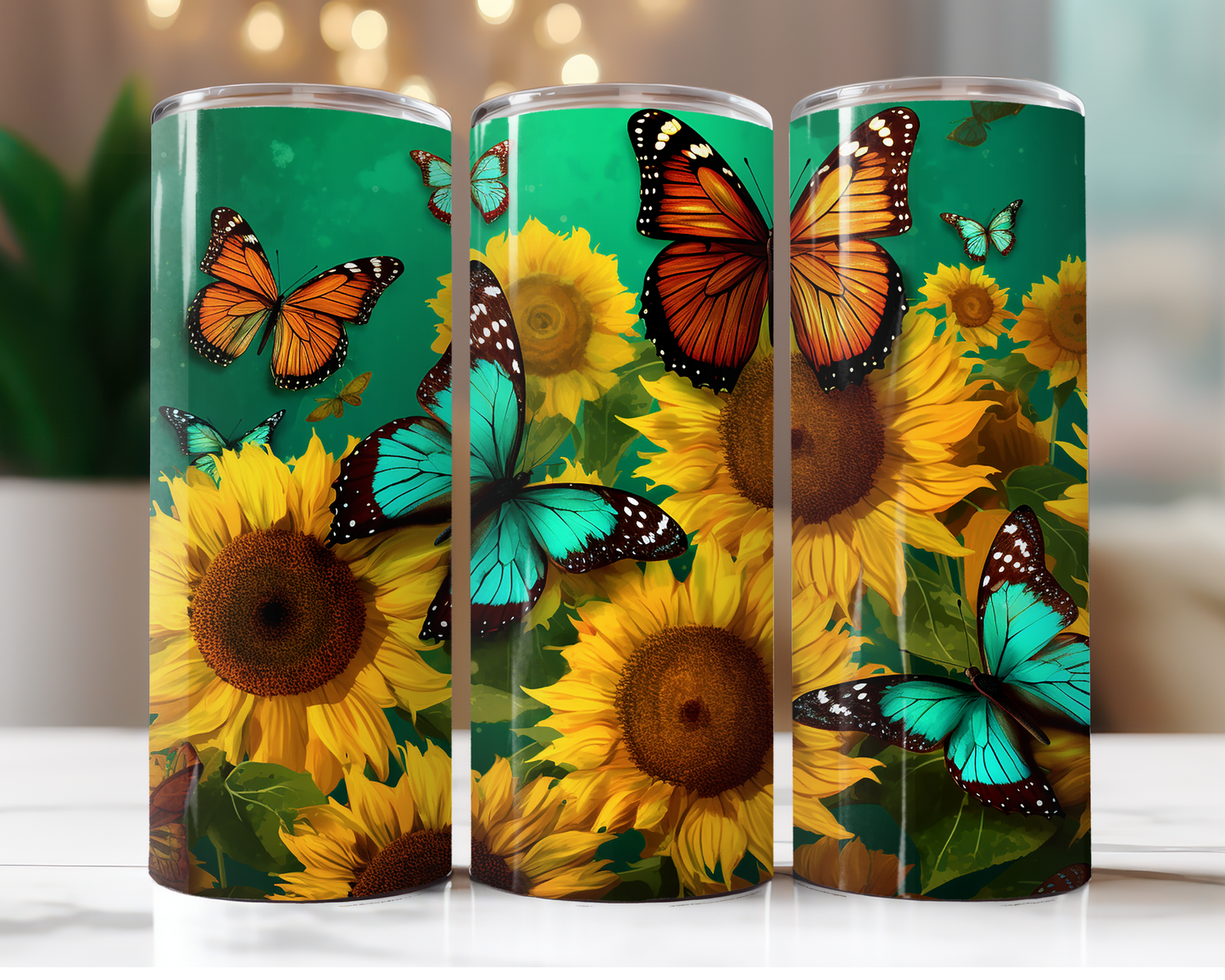 Teal Butterfly With Sunflowers