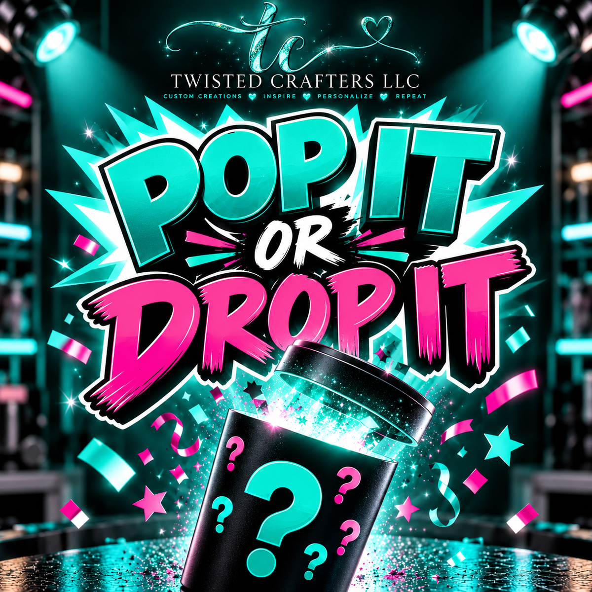 Pop It or Drop It energetic teal and pink mystery reveal category graphic