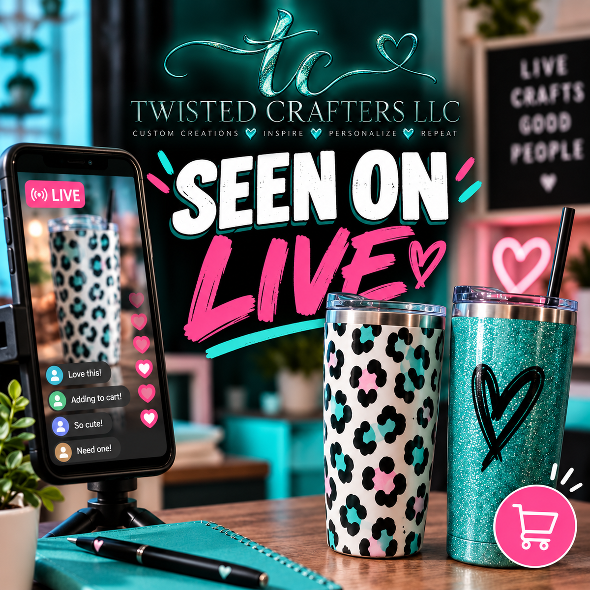 Seen on Live shop featured tumbler designs with pink and teal