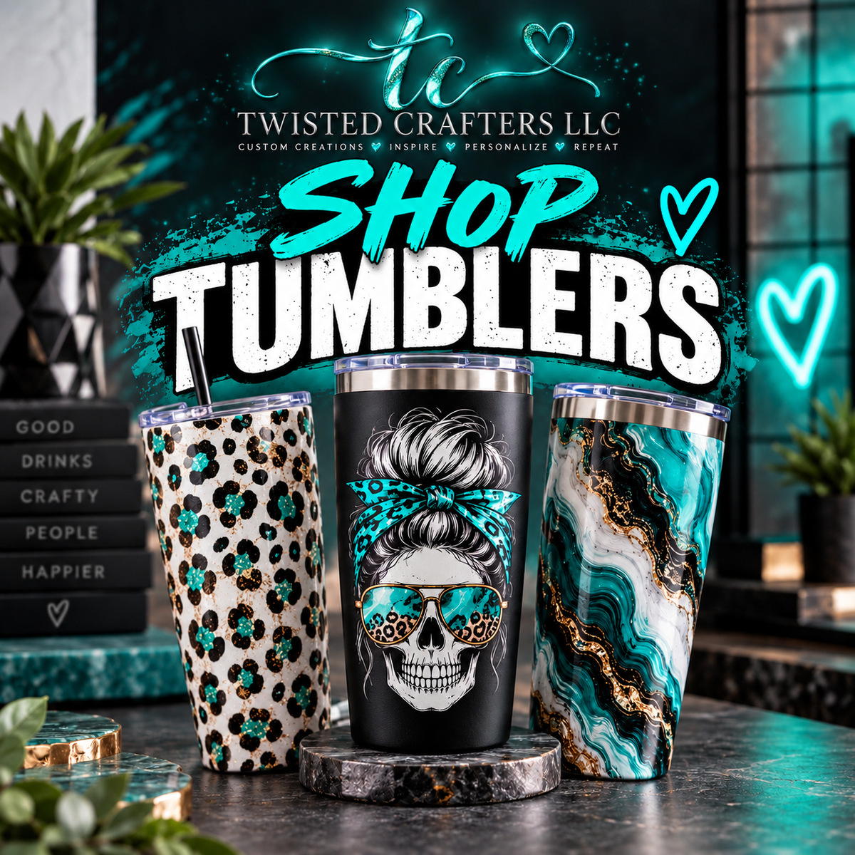 Twisted Crafters Shop Tumblers cover with three different tumbler designs
