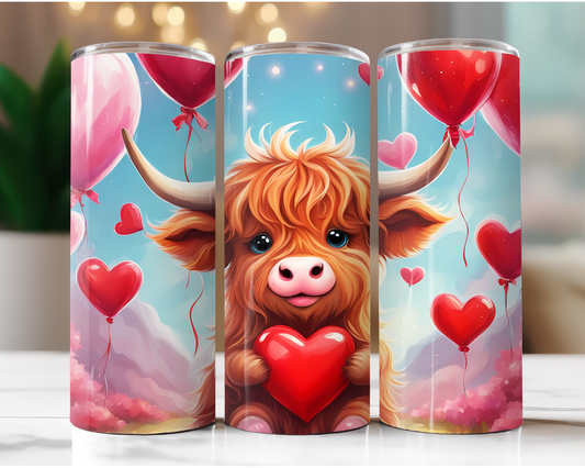 Highland Cow with Heart Balloons